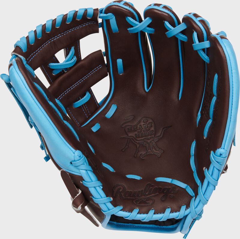 Chocolate brown palm of a Rawlings Heart of the Hide R2G infield glove with Columbia blue laces - SKU: RPROR314-32CH