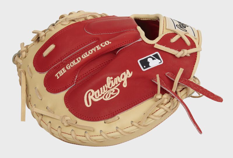 Scarlet back of an exclusive Pro Preferred catcher's mitt with the MLB logo - SKU: PROSCM33CS