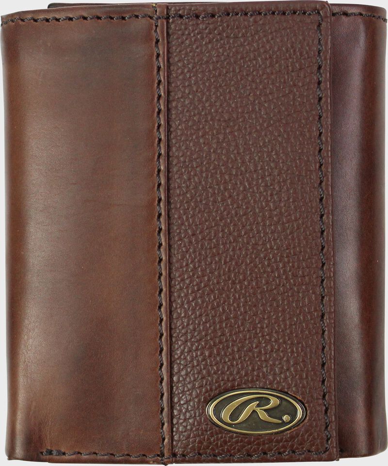 A brown RW80003-200 Bases loaded tri-fold wallet folded closed with a silver Oval R emblem in the bottom right corner