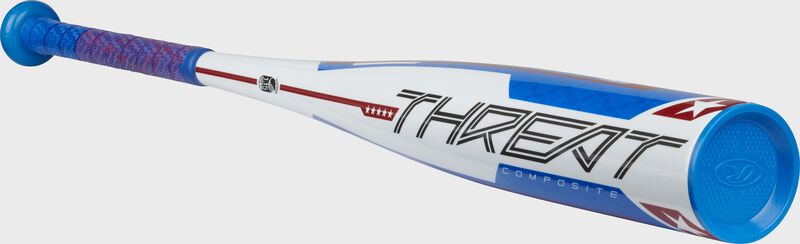 Angled view of a Rawlings Threat USSSA youth bat with a blue end cap - SKU: UT1T12