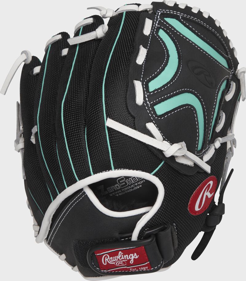Back view of a black CL115BMT 11.5-inch Champion Lite softball infield glove with a adjustable Velcro wrist strap