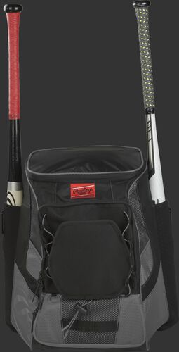Front of a gray/black R600 Rawlings players team backpack with a bat in each of the side compartments