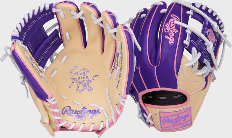 Two images showing the palm & back of a Heart of the Hide Vibrant Series camel/purple 11.5" infield glove