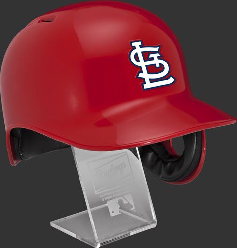 Right angle view of a MLBRL-STL St. Louis Cardinals replica helmet on a display stand