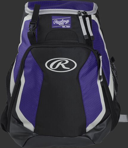 Front of a black/purple R500 Rawlings Players team backpack with a Rawlings patch and white Oval R