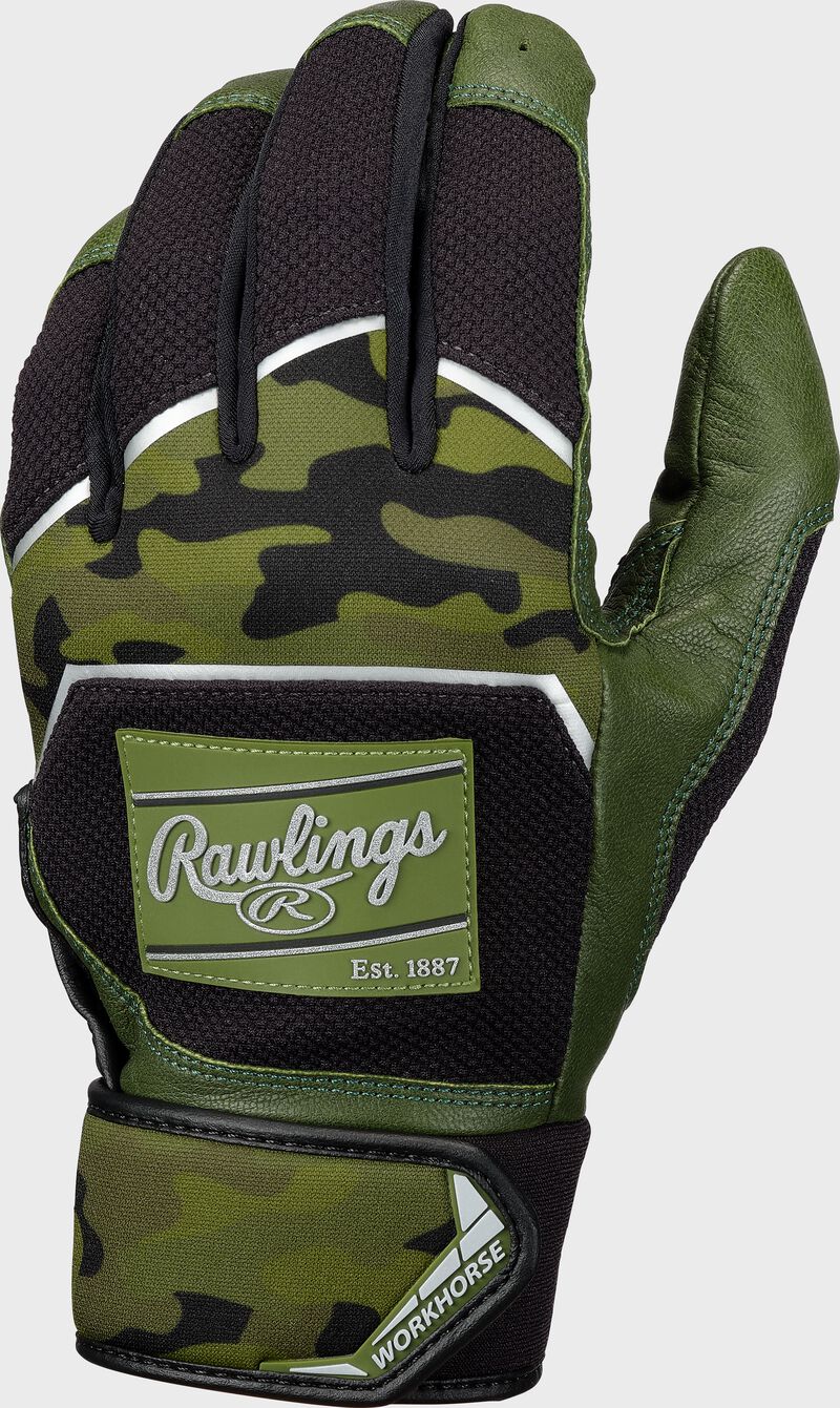 Military green/camo back of a workhorse batting glove - SKU: WH22BG-AC
