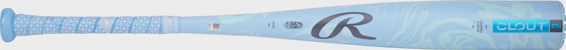Side image of a blue USSSA Clout -8 bat with the "R" logo above the handle