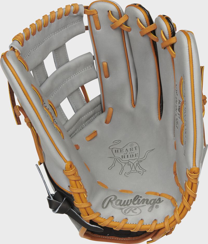 Gray palm of a Rawlings Heart of the Hide ColorSync 5.0 outfield glove with gray web, and orange laces - SKU: PRO3030-6GC
