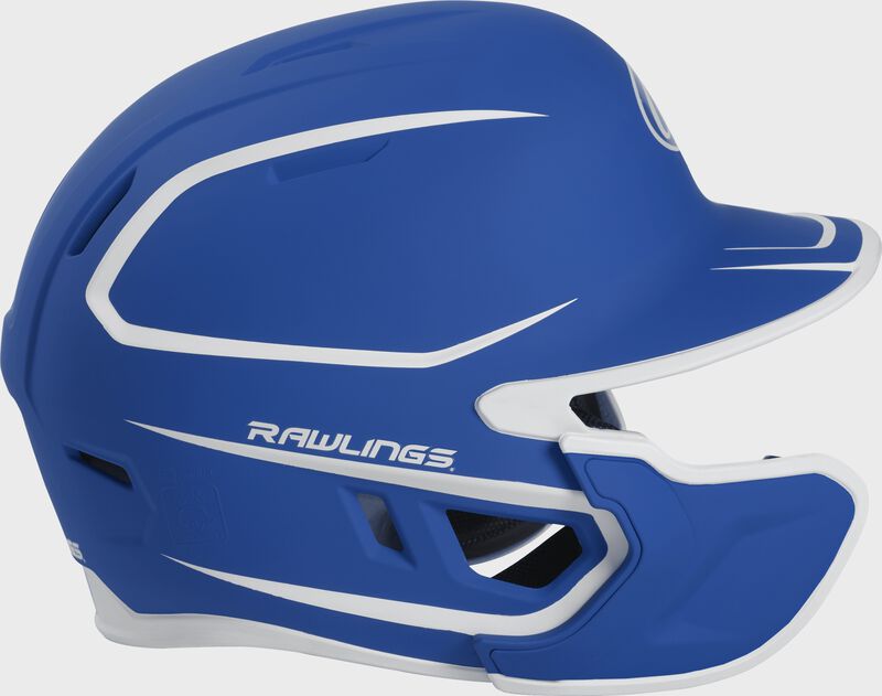 Right side of a two-tone MACHEXTR Rawlings MACH helmet with EXT extension piece for left hand batters