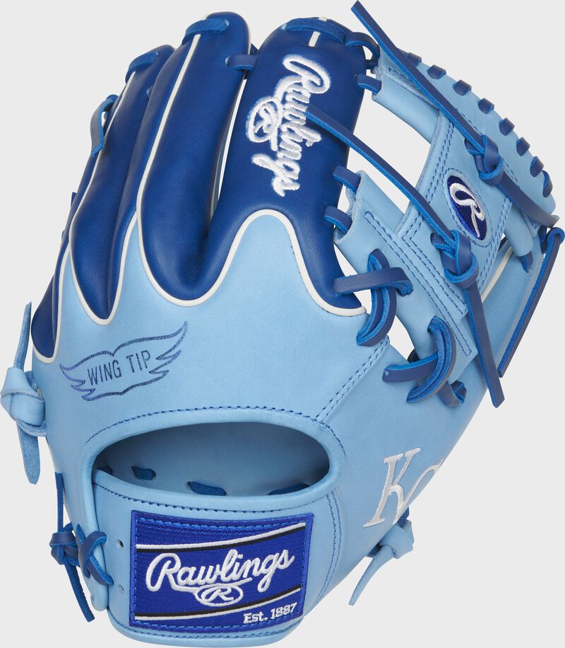 Columbia blue/royal Wing Tip back of a Kansas City Royals Heart of the Hide I-web glove with a royal Rawlings patch - SKU: RSGPRO204W-2KC
