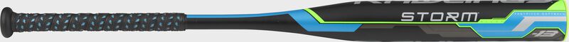 Barrel of a black FP8S13 Rawlings Storm youth softball bat with black grip