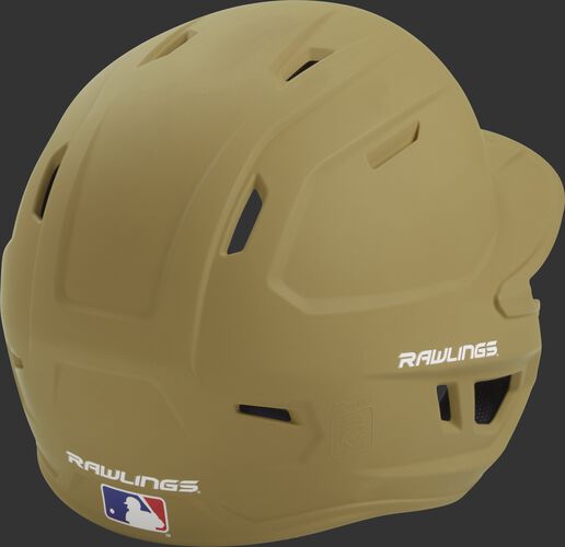 Back right of a one-tone matte Vegas gold MACH Rawlings batting helmet