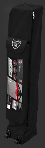 Black wheeled carry case of a Las Vegas Raiders canopy with the team logo on the outside compartment - SKU: 02231072111
