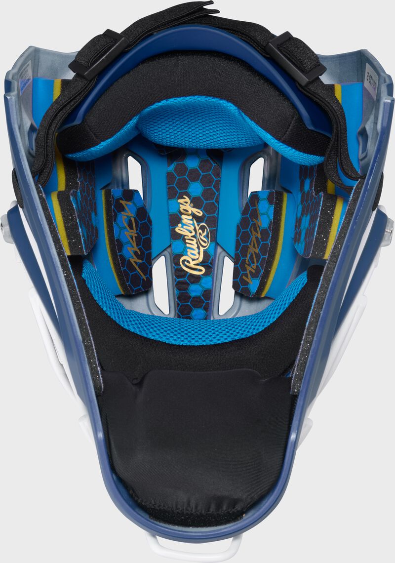 Inside padding of a navy Rawlings Mach Pro Series catcher's helmet loading=