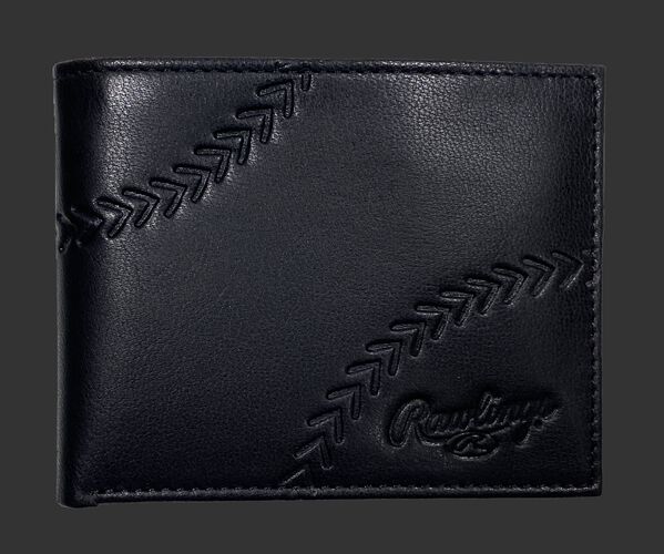 A black debossed stitch bi-fold wallet with a Rawlings logo in the bottom right corner - SKU: RPW007-001