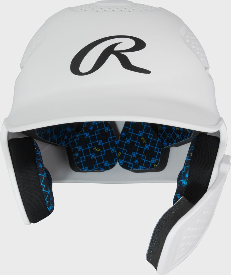 Front of a white Rawlings RX2 Reverse batting helmet