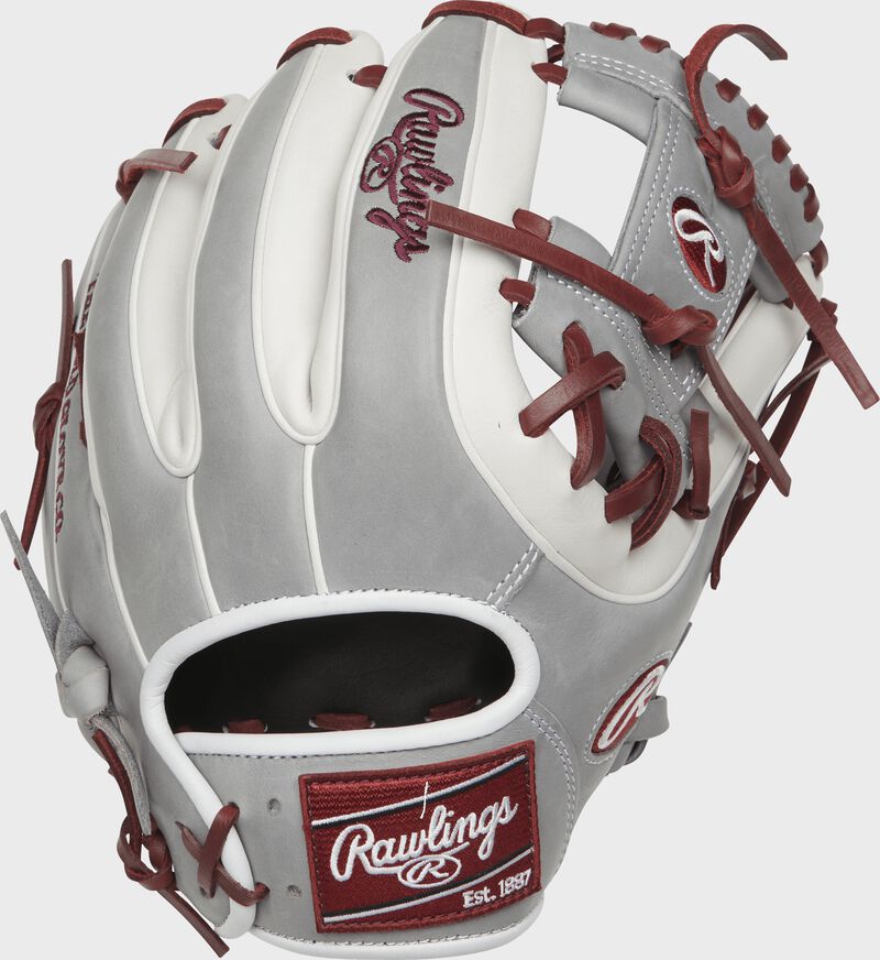 Back view of a Rawlings PRO315-2SHW Heart of the Hide I web glove with grey and white finger stalls and white double-welting