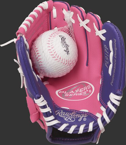 PL91PP Rawlings 9-inch tee ball glove with a pink palm, white laces and soft core ball included