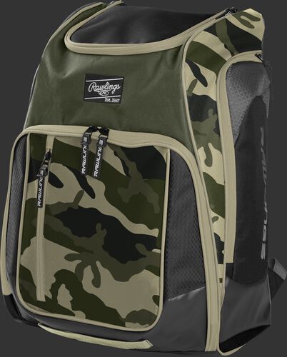 Front angle view of a camo Legion equipment backpack - LEGION-CAMO