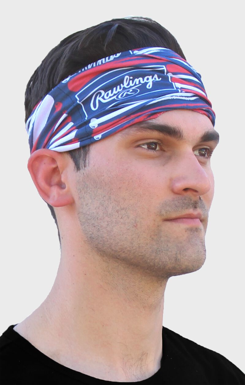 Front right-side view of Rawlings Adult Multi-Functional Head and Face Gear, Flag & Bats on head - SKU: RC40003-999