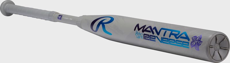 Angle view of a gray Rawlings Mantra Reverse Alo Edition fastpitch softball bat
