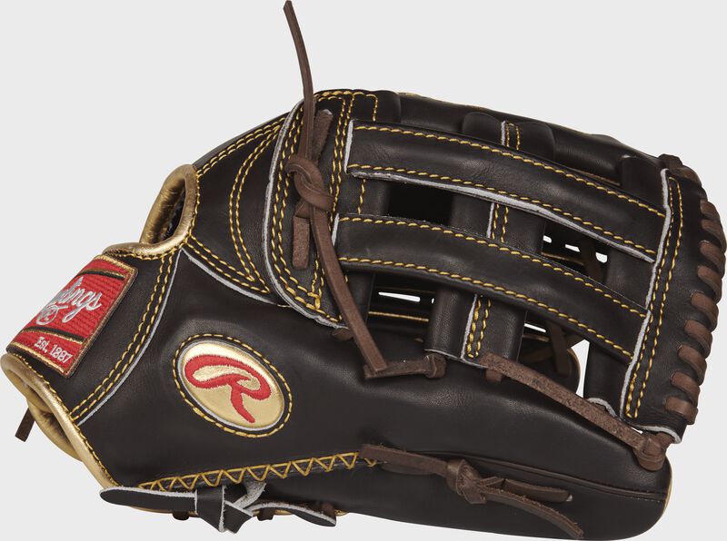 Thumb view of a mocha RGG3039-6MO Gold Glove 12.75-inch outfield glove with a mocha H web and gold Oval R logo