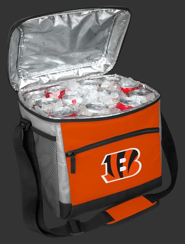 An open Cincinnati Bengals 24 can cooler filled with ice and drinks - SKU: 10211063111