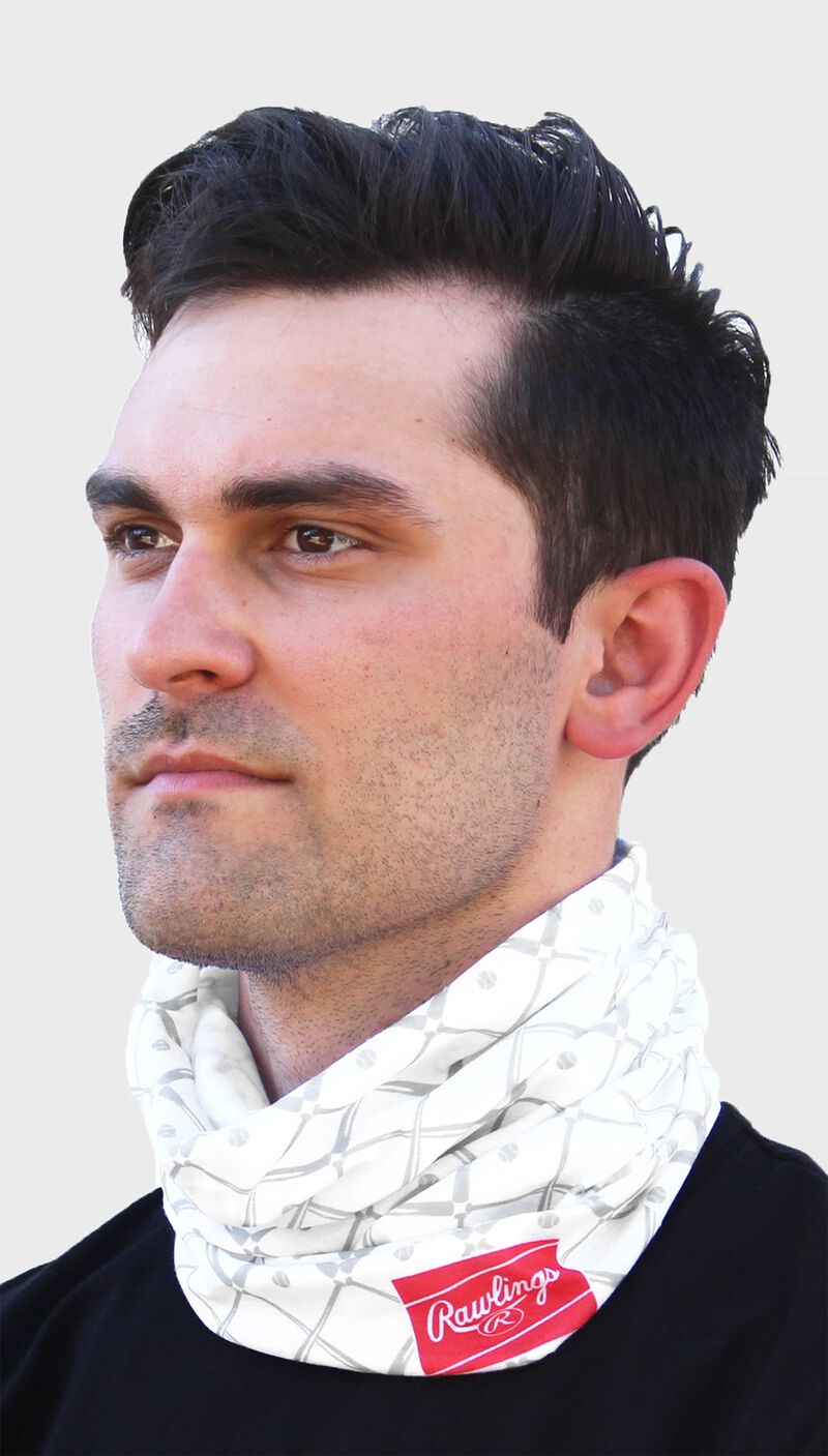A guy wearing a white adult multi-functional neck gaiter around his neck - SKU: RC40005-100