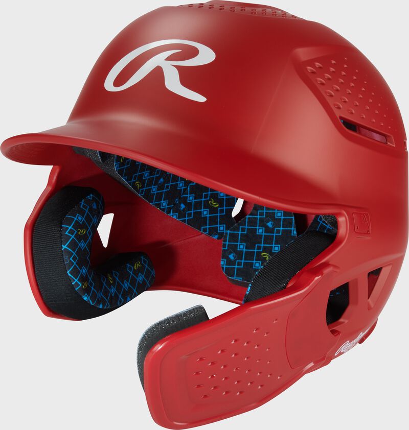 Front left of a scarlet Rawlings RX2 Reverse batting helmet