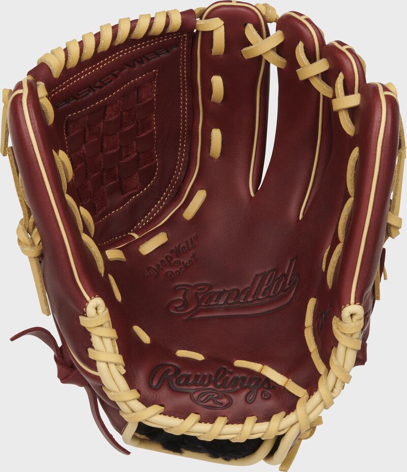 Sherry palm of a Rawlings Sandlot Series infield/pitcher's glove with camel laces - SKU: S1200BSH