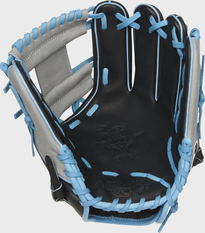 Black palm of a Rawlings Miami Marlins HOH glove with columbia blue laces - SKU: RSGPRO204-2MIA