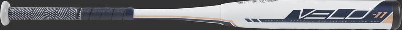 Barrel of a white FP9V11 2019 Velo softball bat with navy/white grip