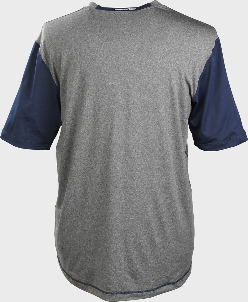 Back of a gray Rawlings Hurler short sleeve shirt with navy sleeves - SKU: HSSP-GR/N