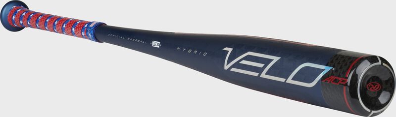 Angle view of a limited edition BBCOR Velo ACP hybrid bat with a blue barrel & carbon composite end cap – SKU: BBVRWB