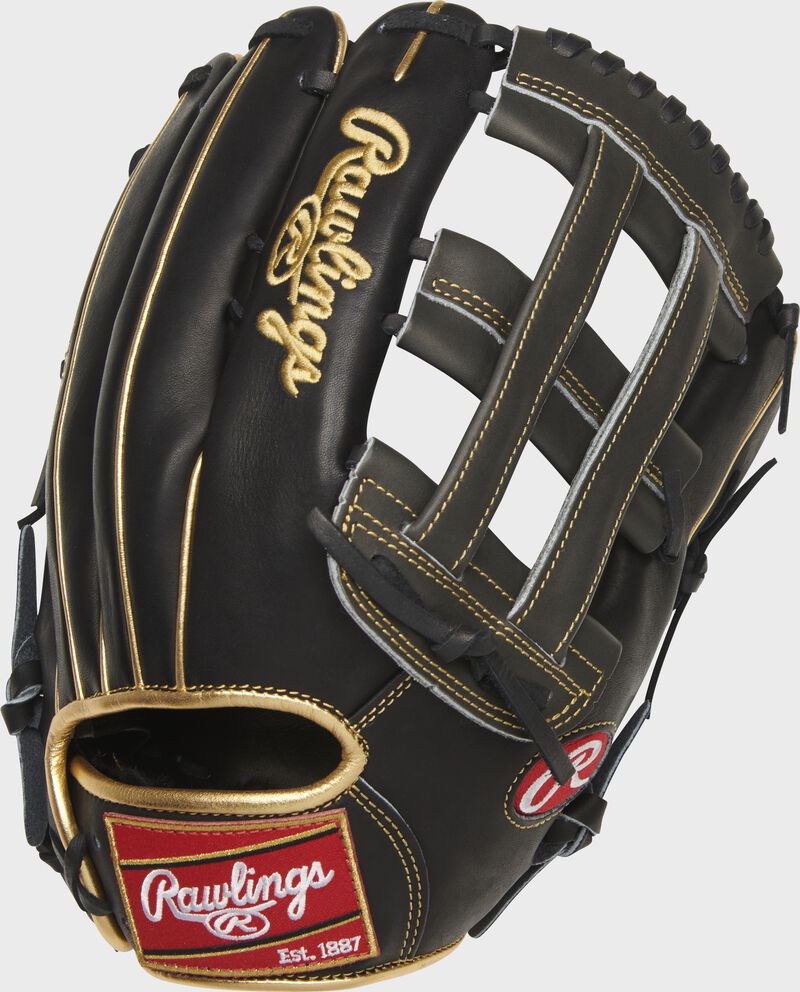 PROJD-6BGP Heart of the Hide 13-inch H-web outfield glove with a black back and gold binding/welting