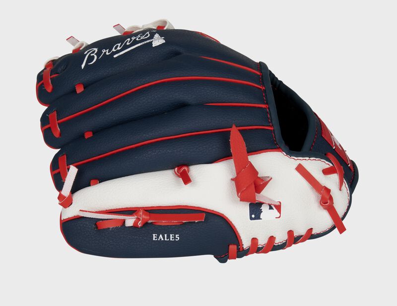 Back of a navy/white Rawlings Atlanta Braves youth glove with the MLB logo on the pinky - SKU: 22000005111