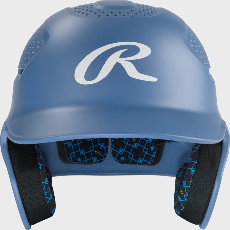 Front of a Columbia blue Rawlings RX2 batting helmet loading=