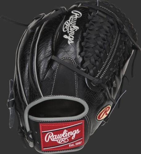 Black croc embossed back of a Dallas Keuchel Heart of the Hide glove with a black Modified Trap-Eze web - SKU: RSGPRO206-DK60