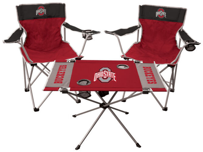 Front of Rawlings Red and Black NCAA Ohio State Buckeyes 3-Piece Tailgate Kit With Two Kickoff Chairs, An Endzone Table, And A Transport Bag With Team Logo SKU #00993042511