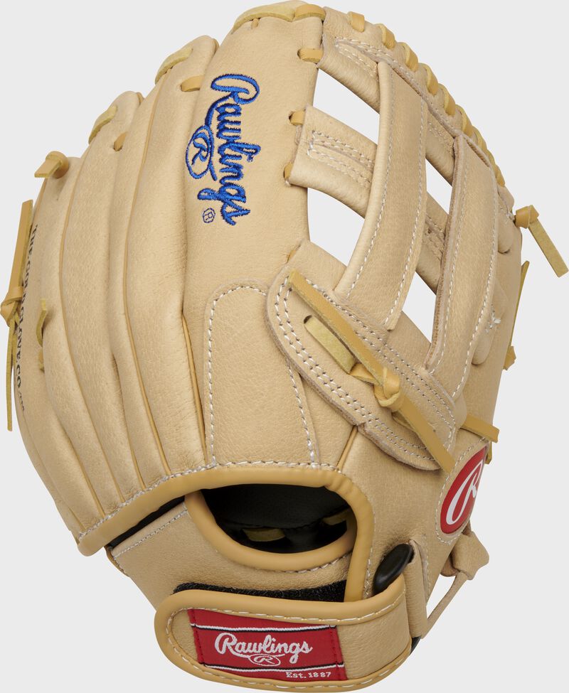 Back of a camel Kris Bryan signature Sure Catch glove with a red Rawlings patch on the wrist strap - SKU: SC105KB
