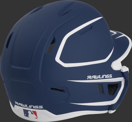 Back right of a two-tone matte navy/white MACHEXTR Rawlings junior size batting helmet