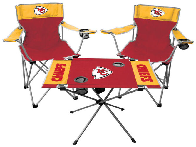 Front of Rawlings Red and Yellow NFL Kansas City Chiefs 3-Piece Tailgate Kit With Two Kickoff Chairs, An Endzone Table, And A Transport Bag With Team Logo SKU #01041071511