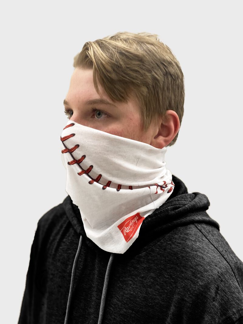 Side view of a kid wearing a white youth multi-functional head and face gear cover with it covering his mouth/nose - SKU: YRC40001-100