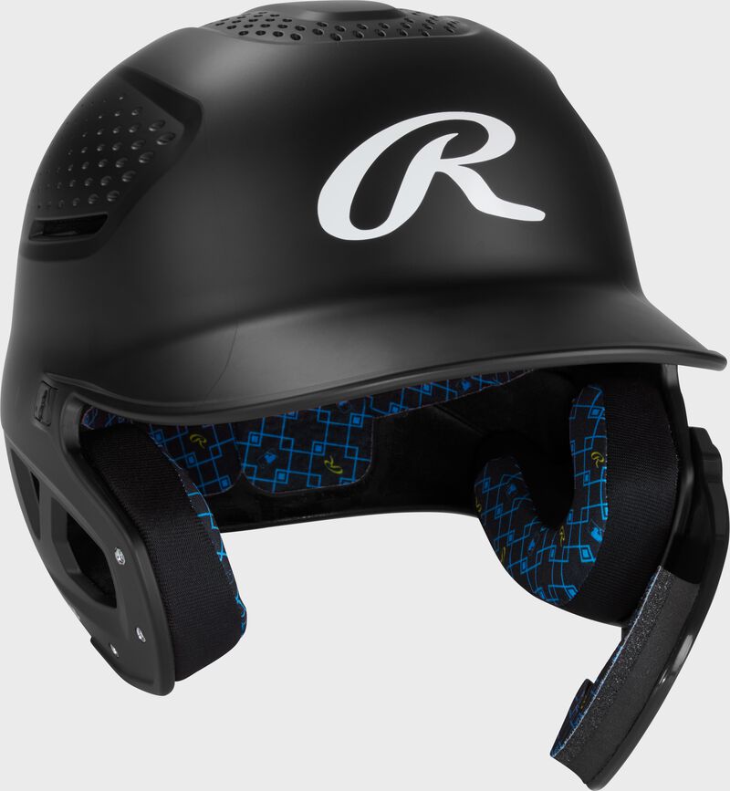 Front right of a black Rawlings RX2 Reverse batting helmet loading=