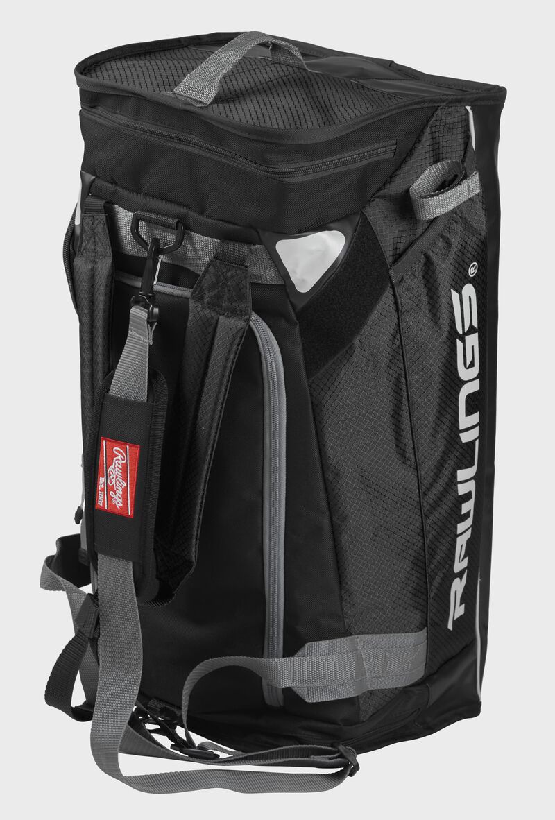 Angled view of upright Hybrid Backpack/Duffel Players Bag with Rawlings patch - SKU: R601