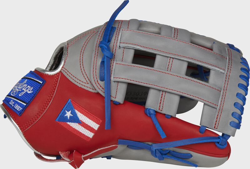 A scarlet/grey PRO3039-6PR HOH Puerto Rico outfield glove with a grey H-web and Puerto Rico flag on the thumb