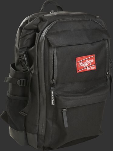 Front angle of a Rawling's CEO coach's backpack with a red Rawlings patch - SKU: CEOBP-B