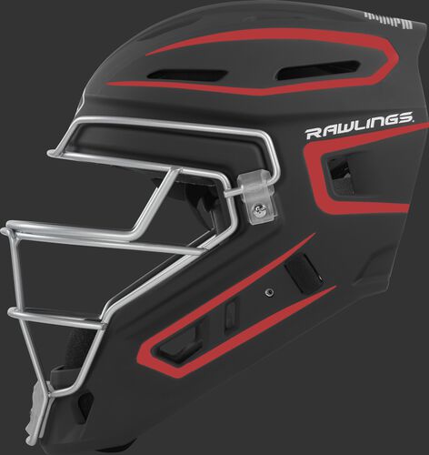 Left side of a black/scarlet CHV27J Rawlings hockey style Velo 2.0 catcher's helmet