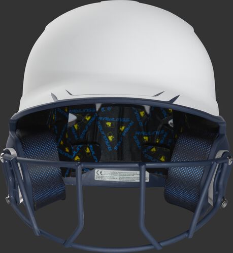 Front of a white/navy Mach fastpitch softball helmet with a navy mask - SKU: MSB13S-W/N