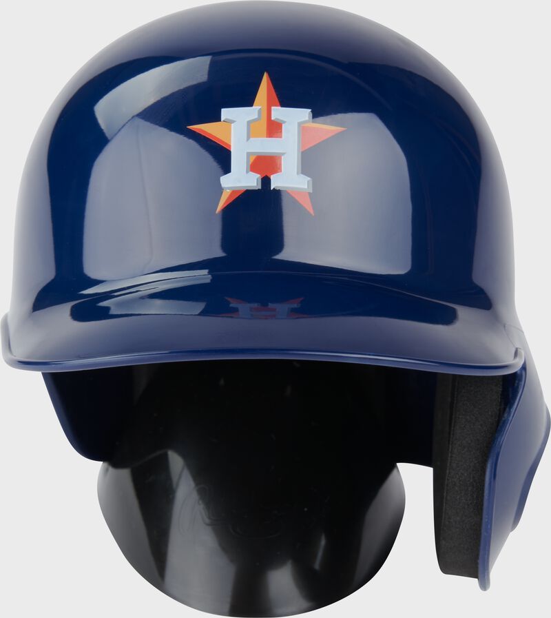 Front of a navy Houston Astros mini replica helmet